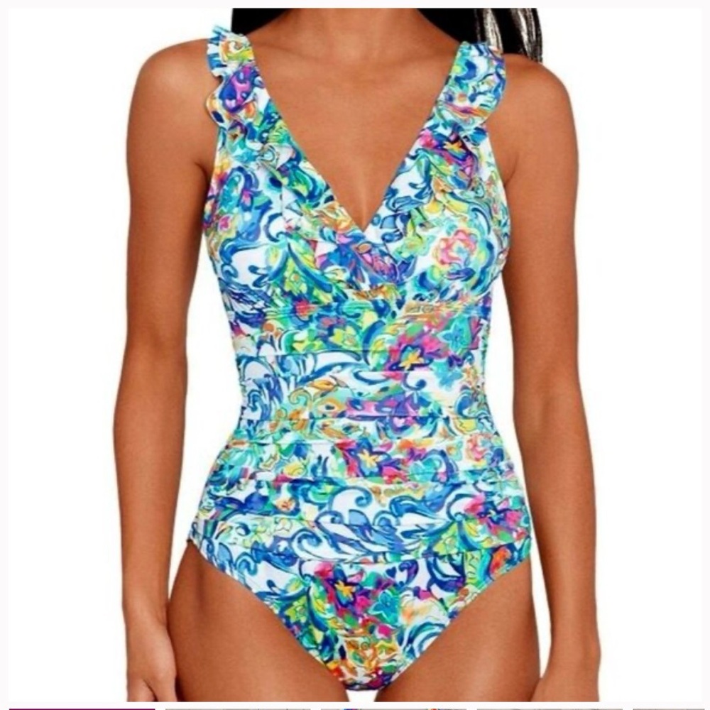 Lauren Ralph Lauren Ruffle V-Neck One-Piece Swimsuit in Multicolor in Size 10